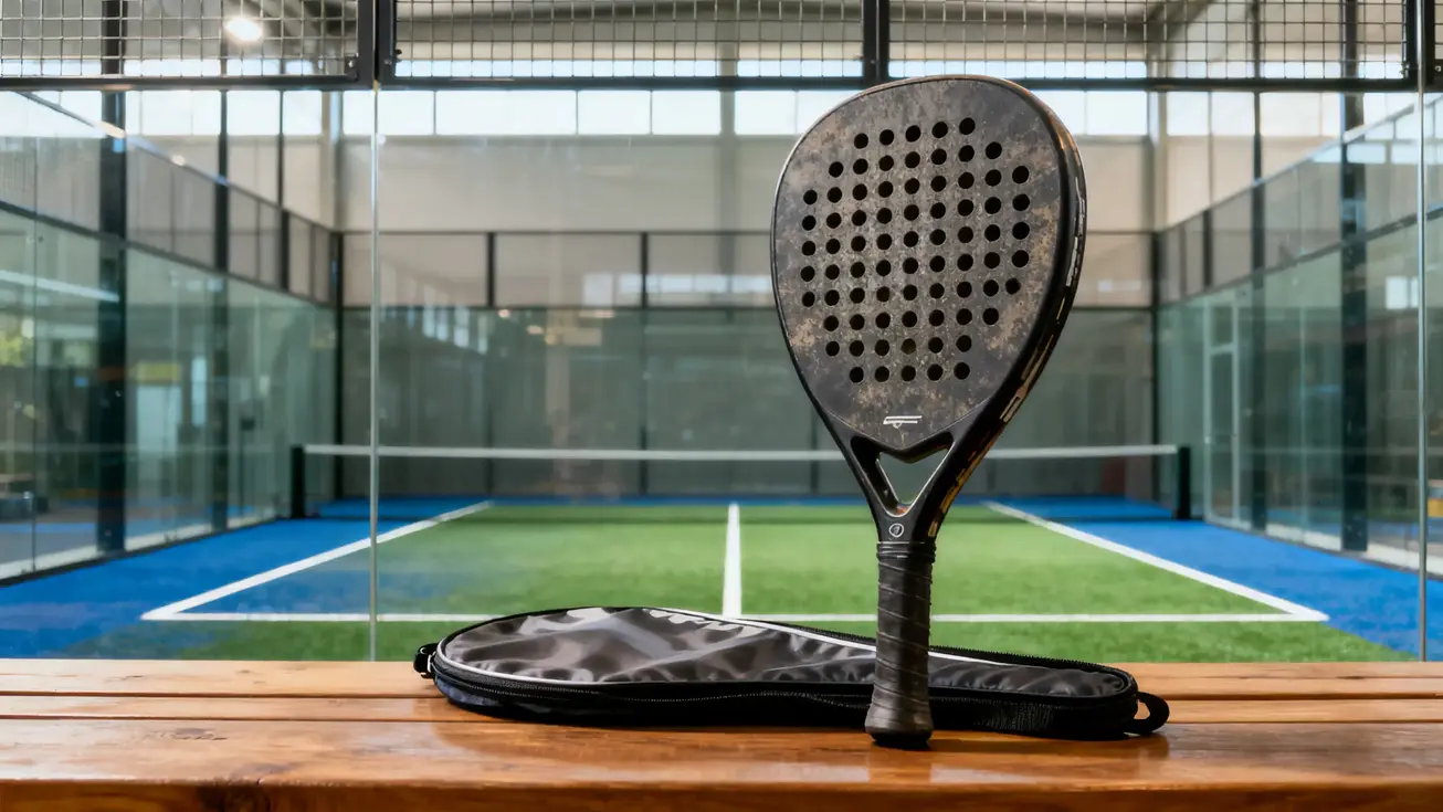A used padel racket with its protective cover laid flat beside it on a wooden surface, ready to be photographed for a sale listing