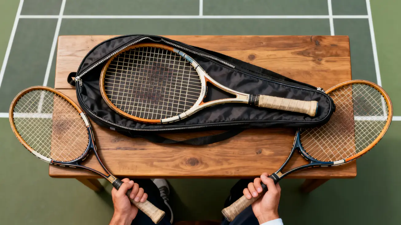 Una raqueta de tenis usada con su funda protectora abierta y colocada sobre una mesa de madera, lista para ser fotografiada para un anuncio de venta