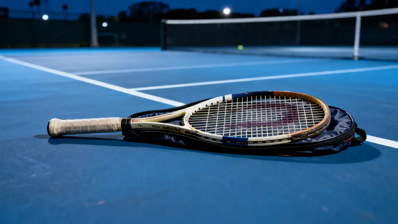 A used tennis racket with its protective cover laid flat on a hard court surface, ready to be photographed for a sale listing