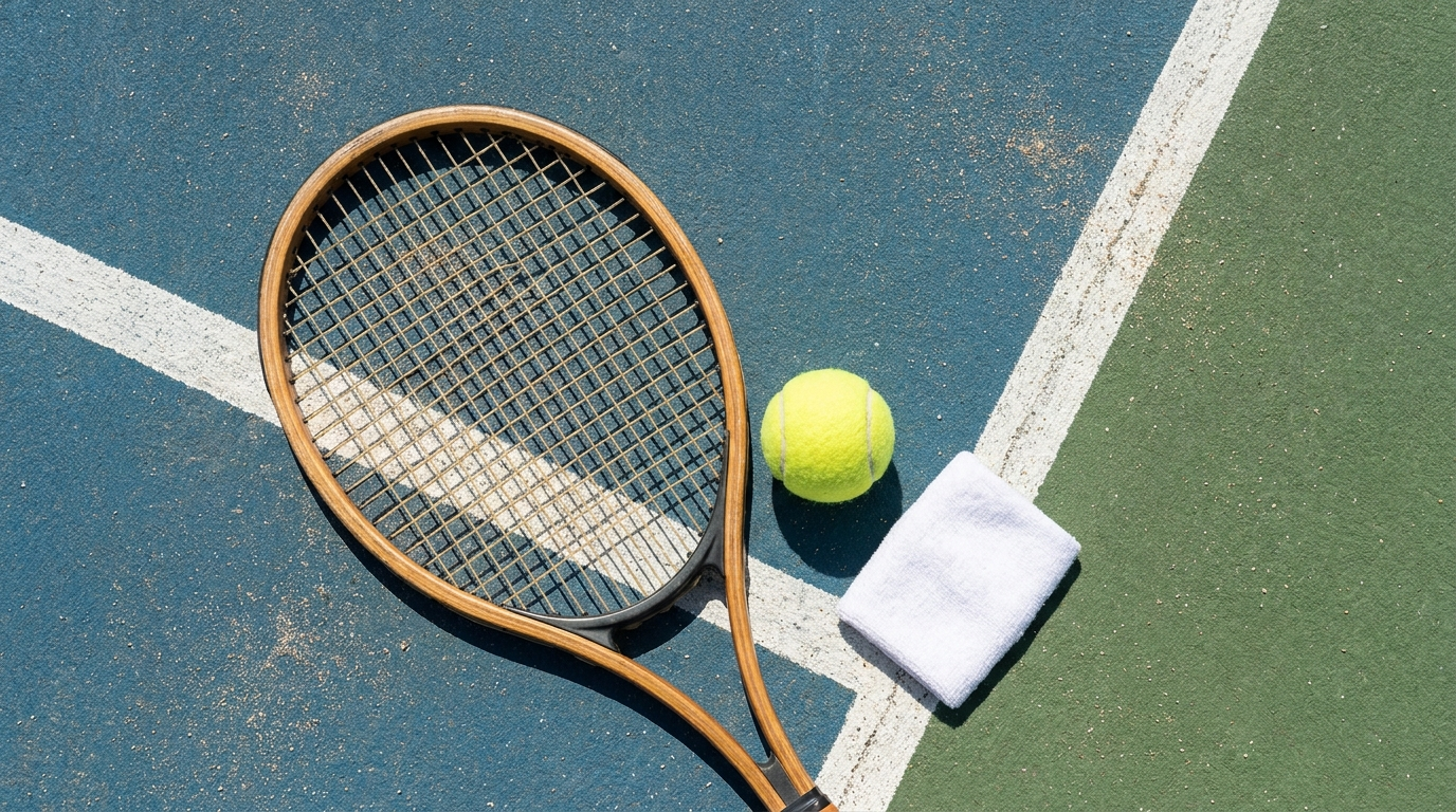 A flat-lay of a tennis racket, an extra-duty felt ball, and a white wristband on a hard court surface shot from directly above