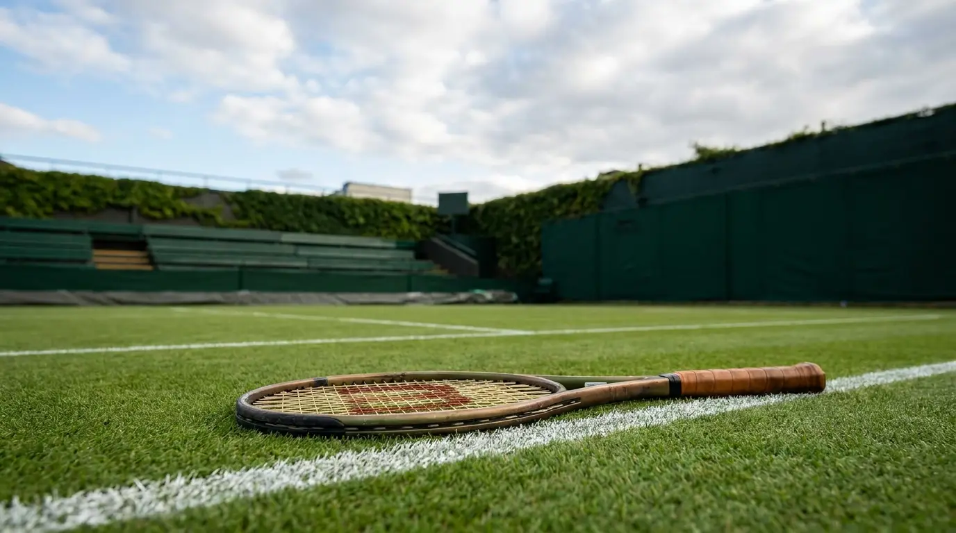 A Wilson Blade tennis racket resting on the baseline of a grass court at Wimbledon