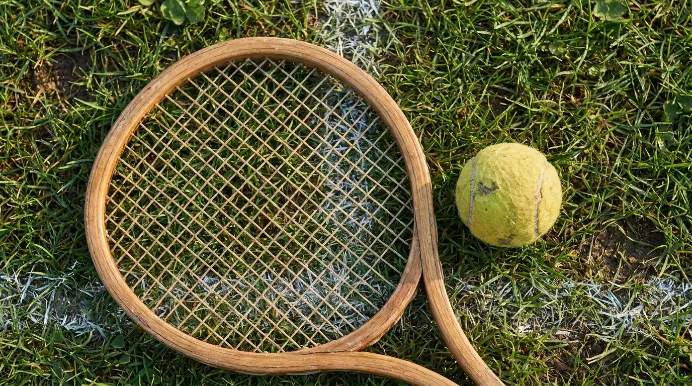 Close-up flat-lay of a strung tennis racket head resting on a grass court surface, with a single tennis ball beside it, shot from directly overhead