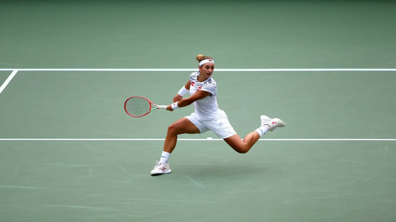 A tennis player performing a split step on an empty hard court