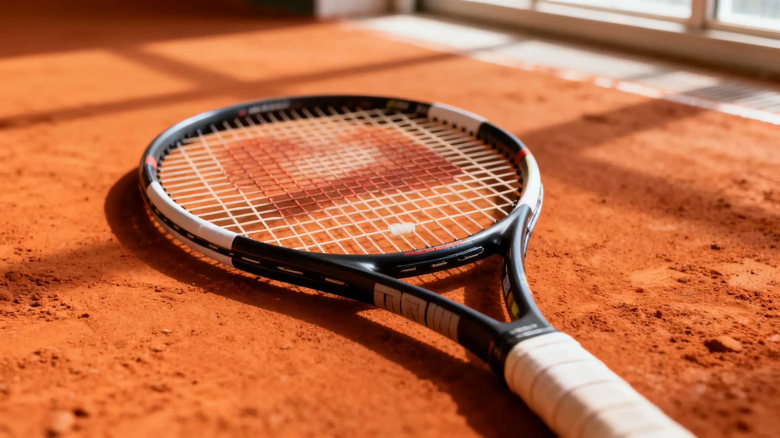 A clay court tennis racket flat-lay on an orange clay surface, strings and grip tape visible in close-up detail, no people present