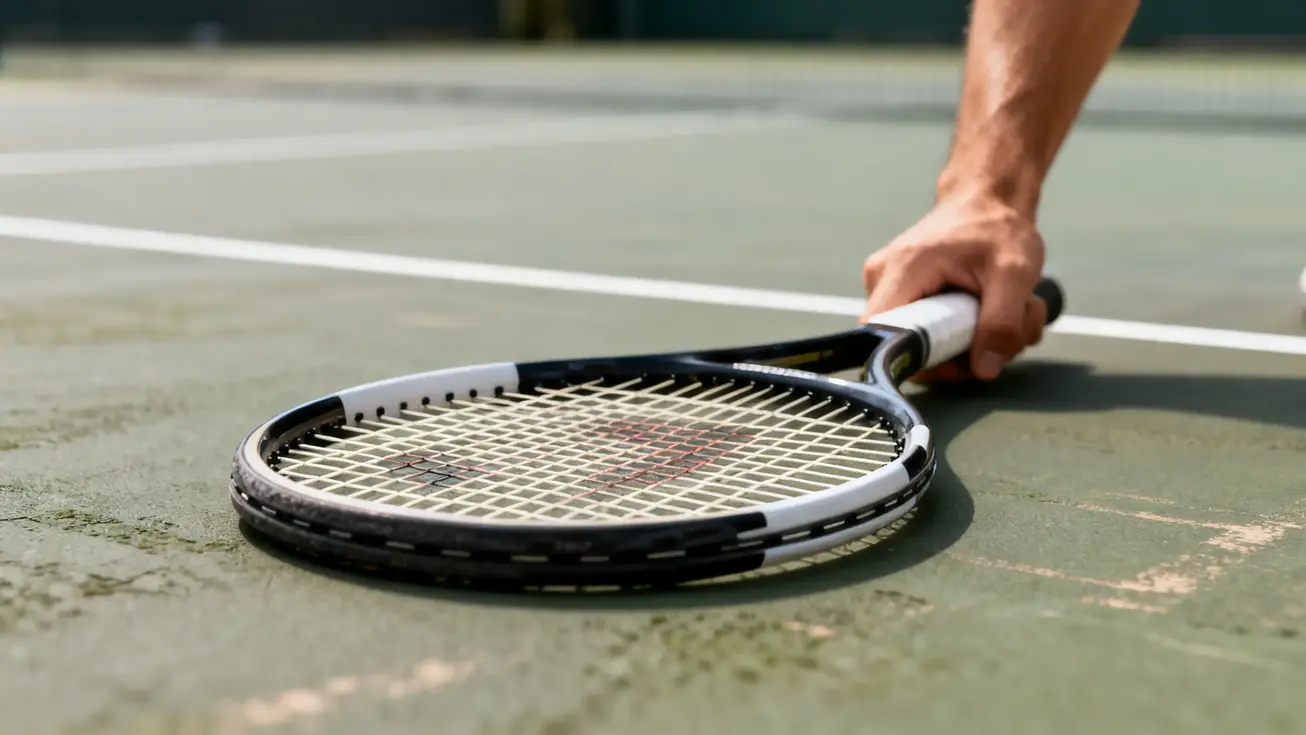 Close-up of a tennis racket frame resting on a court surface, with a player's forearm visible in soft focus behind it