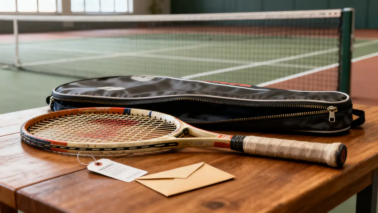 A used tennis racket with its protective cover unzipped and laid flat on a wooden table, next to a price tag and a small envelope