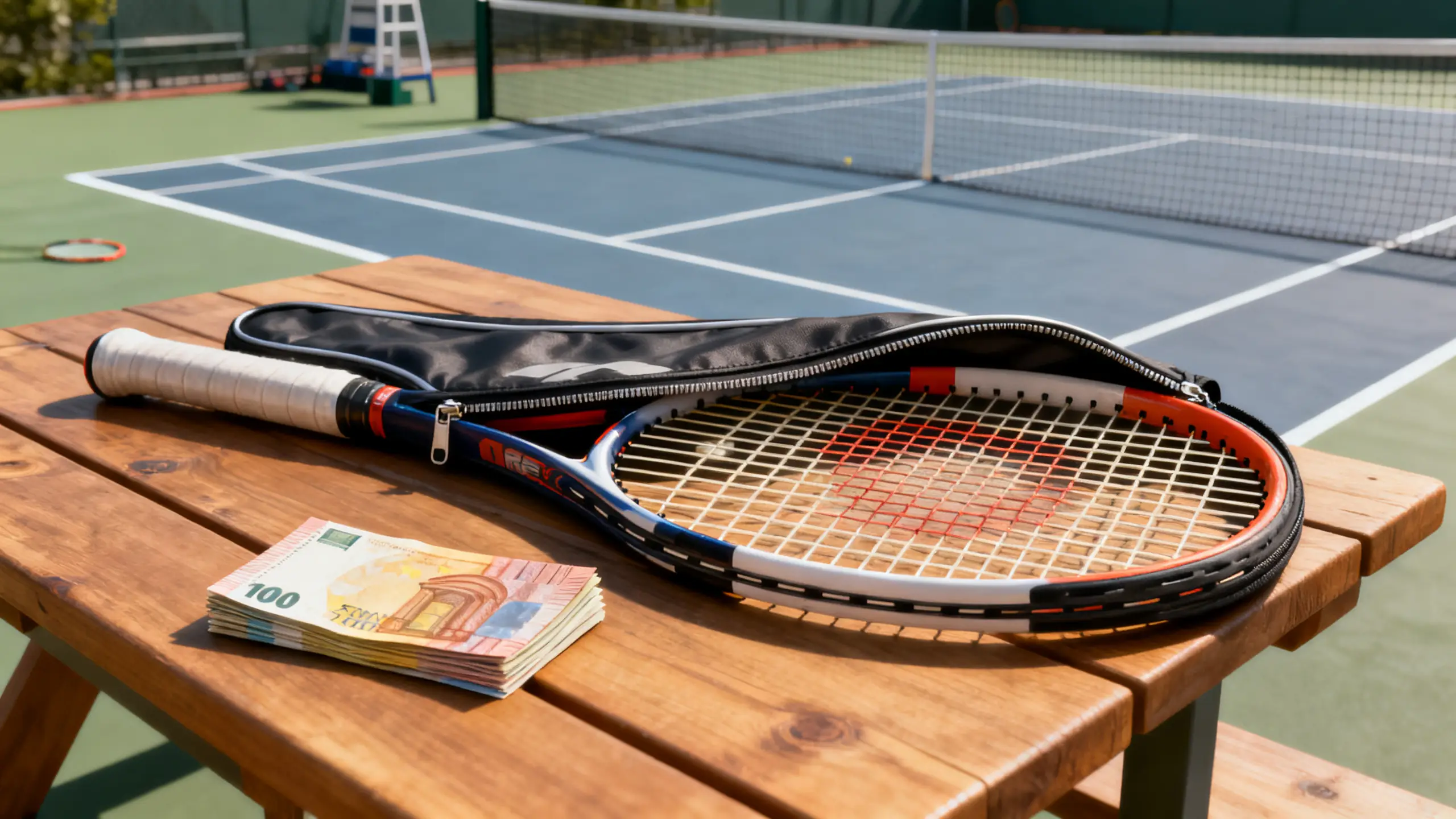 A used tennis racket with its cover unzipped and laid flat on a wooden table, next to a small stack of euro banknotes, shot from directly above