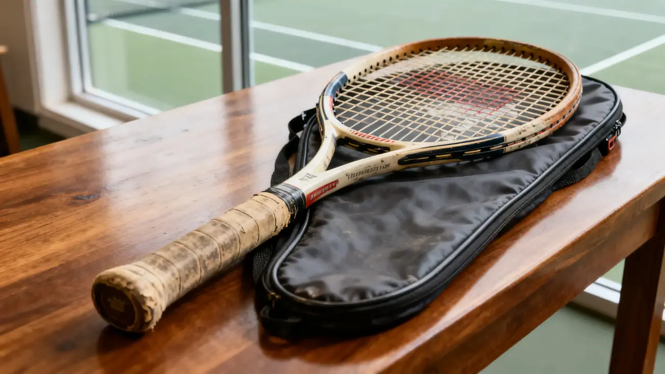 A used tennis racket with a worn grip and its protective cover laid flat on a wooden table, ready to be sold