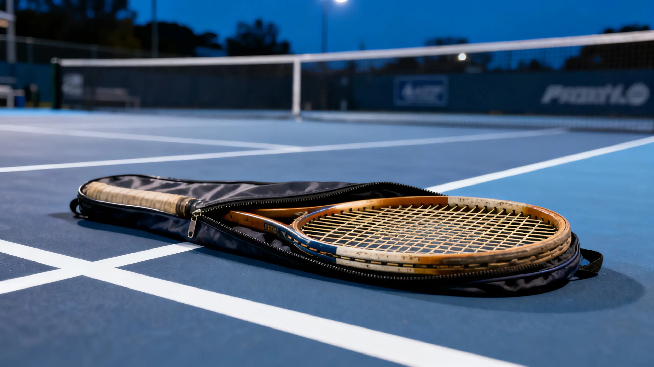 A used tennis racket with its protective cover unzipped and laid flat on a hard court surface, ready for inspection before a trade-in