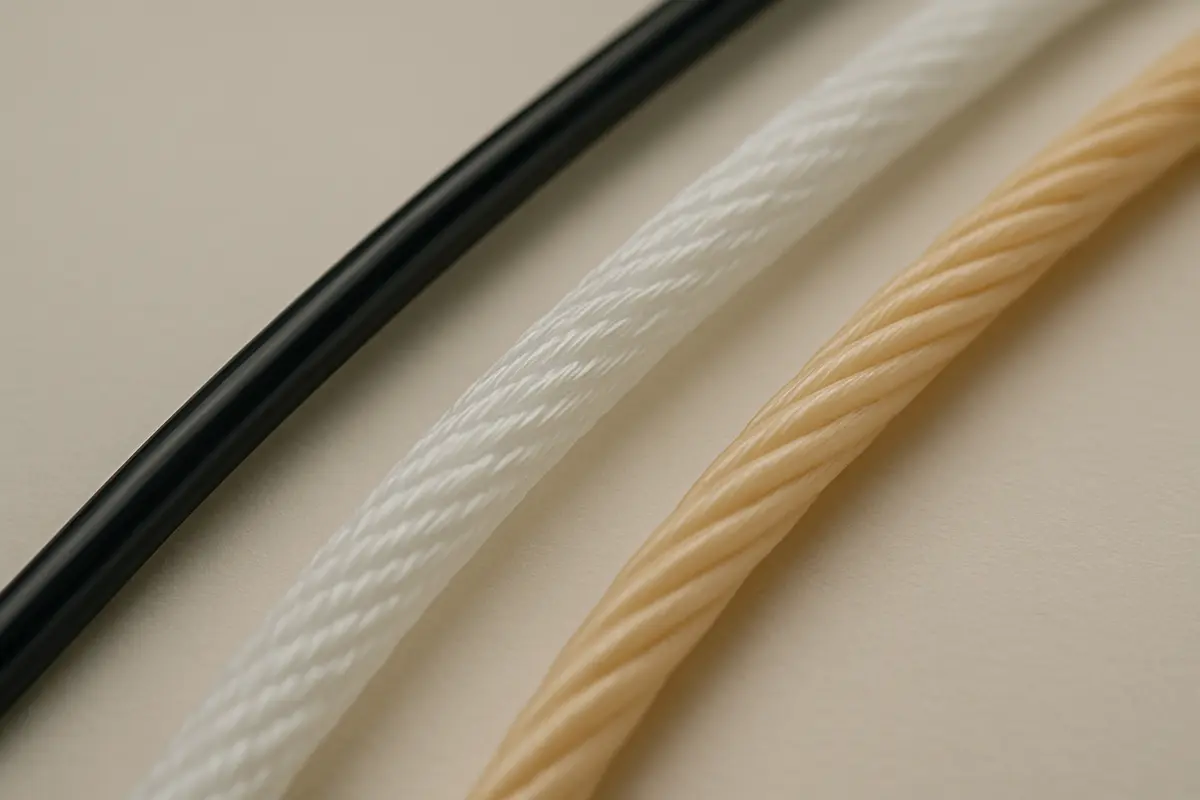 Close-up of three different tennis string types laid side by side, showing texture and construction differences