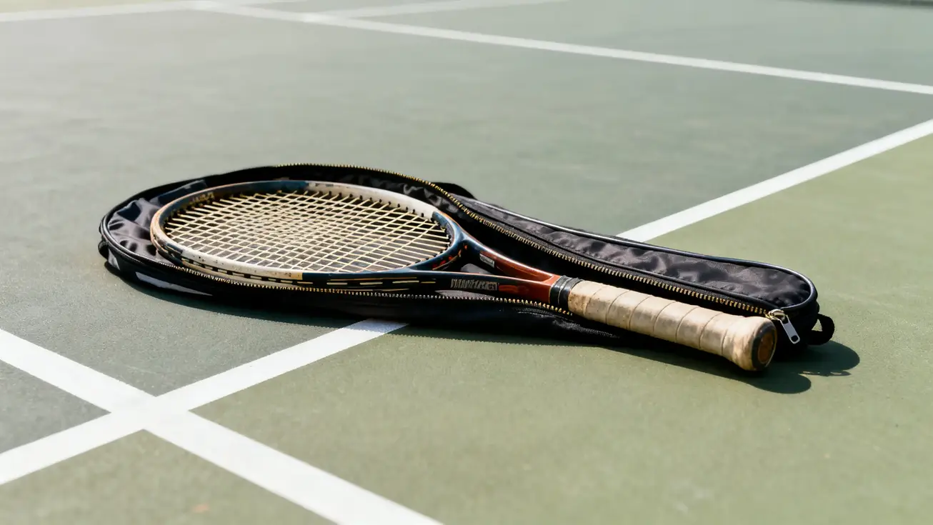 A used tennis racket with its protective cover unzipped and laid flat on a hard court surface, shot from directly above