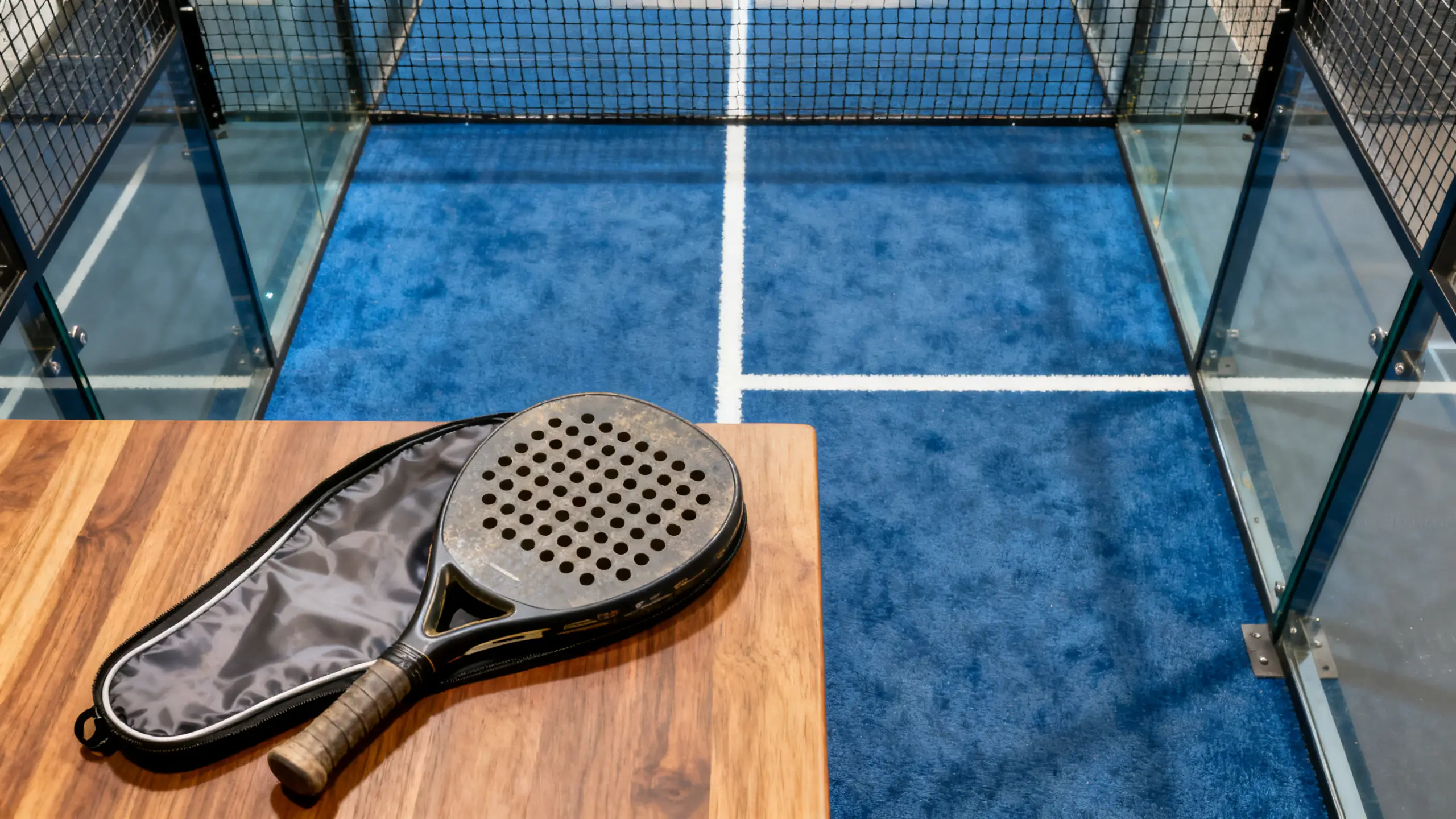 A used padel racket with a protective cover laid flat beside it on a wooden table, ready to be photographed for a resale listing