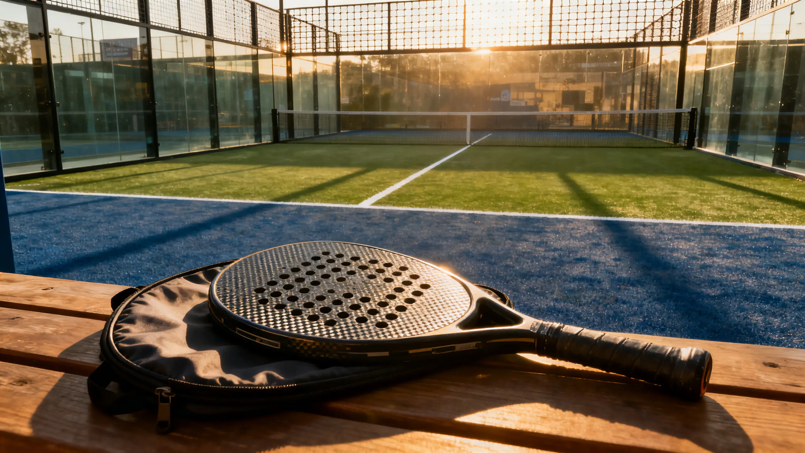 A used padel racket laid flat next to its protective cover on a wooden surface, showing the carbon fibre face texture in close detail