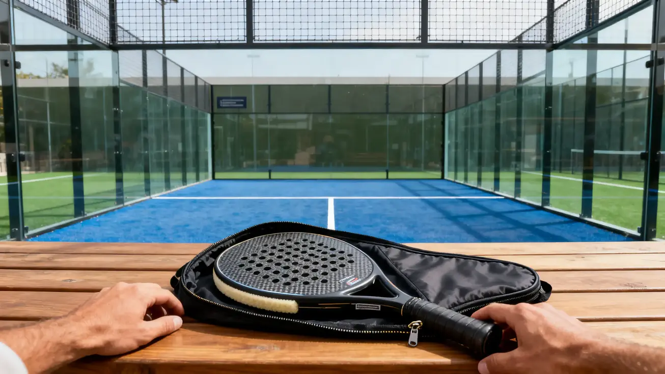 A pre-owned padel racket with its protective cover unzipped and laid flat on a wooden surface, showing the carbon face and foam core edge