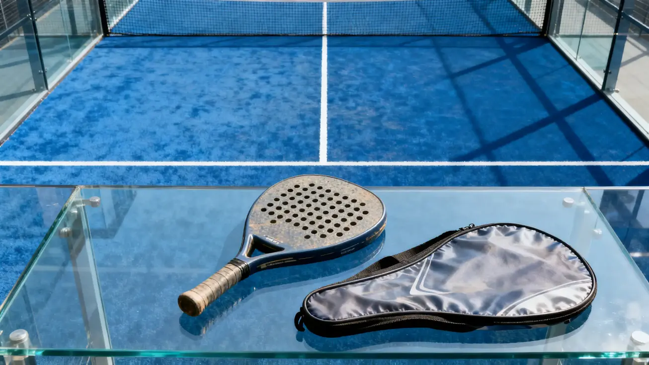 A used padel racket laid face-up on a glass court surface beside its protective cover, shot from directly above on a blue padel court