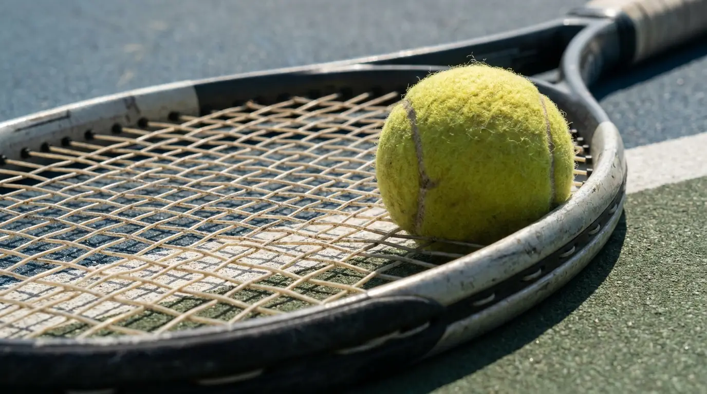 Close-up macro shot of a strung tennis racket head lying flat on a hard court surface, strings in sharp focus with a yellow ball resting in the throat