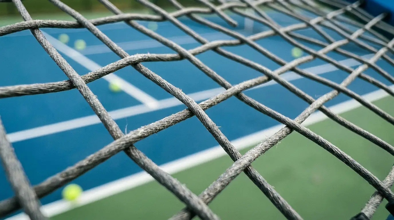 A close-up macro shot of a tennis racket string bed, showing the cross strings and main strings in sharp detail against a blurred hard court background