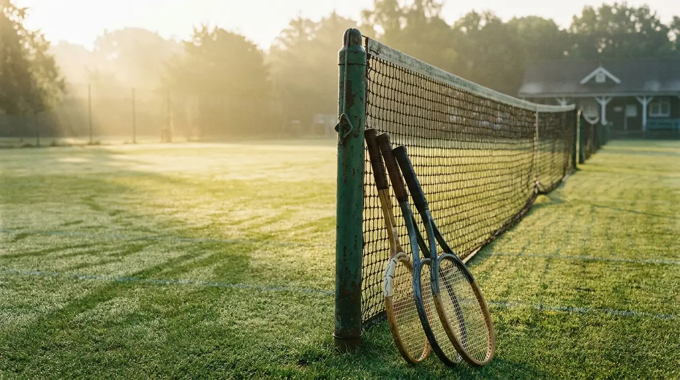 Three tennis rackets resting against the net post on an empty grass court, soft morning light