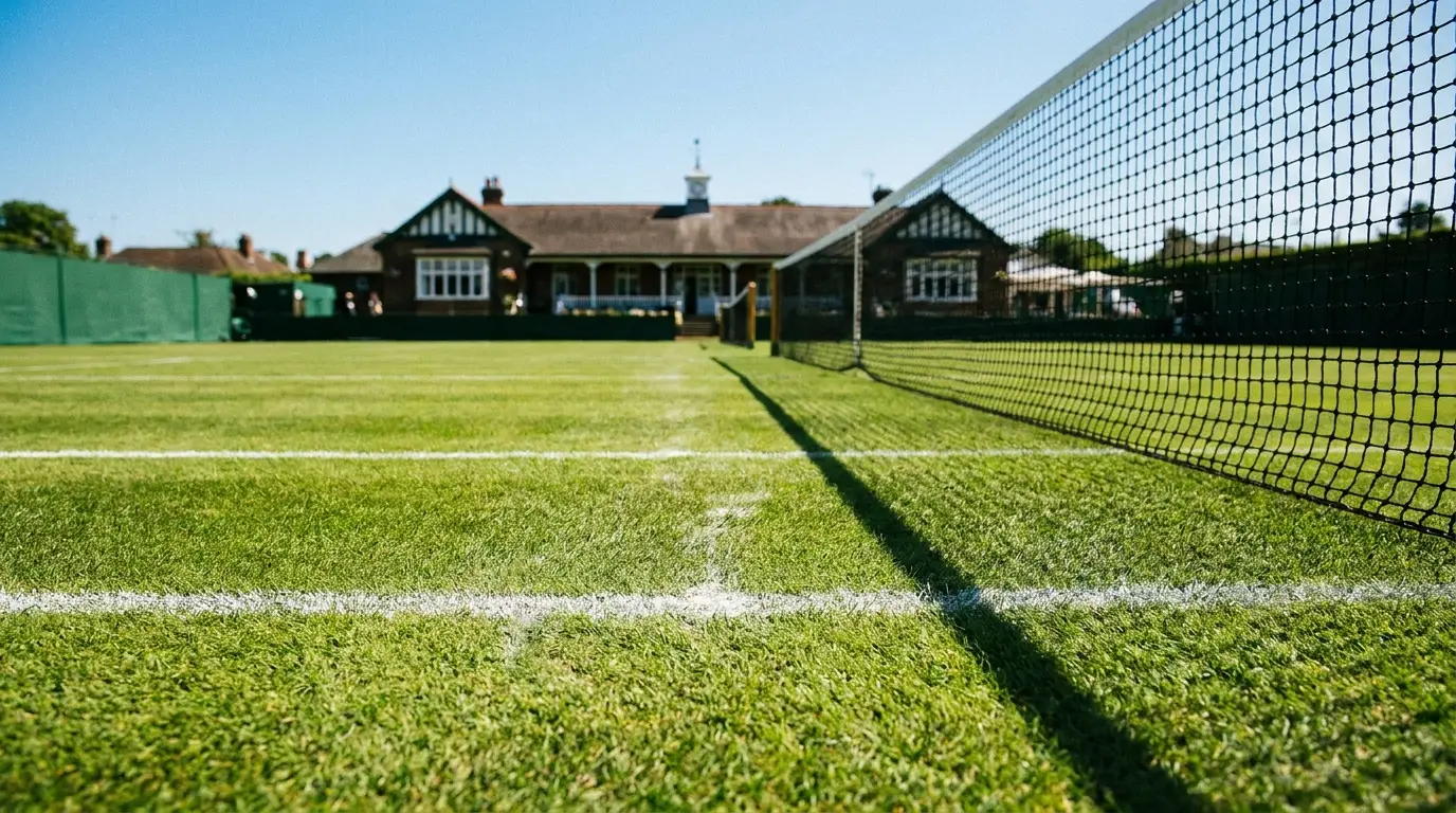 A grass tennis court seen from courtside level, empty of players, with white line markings and a net under bright summer light