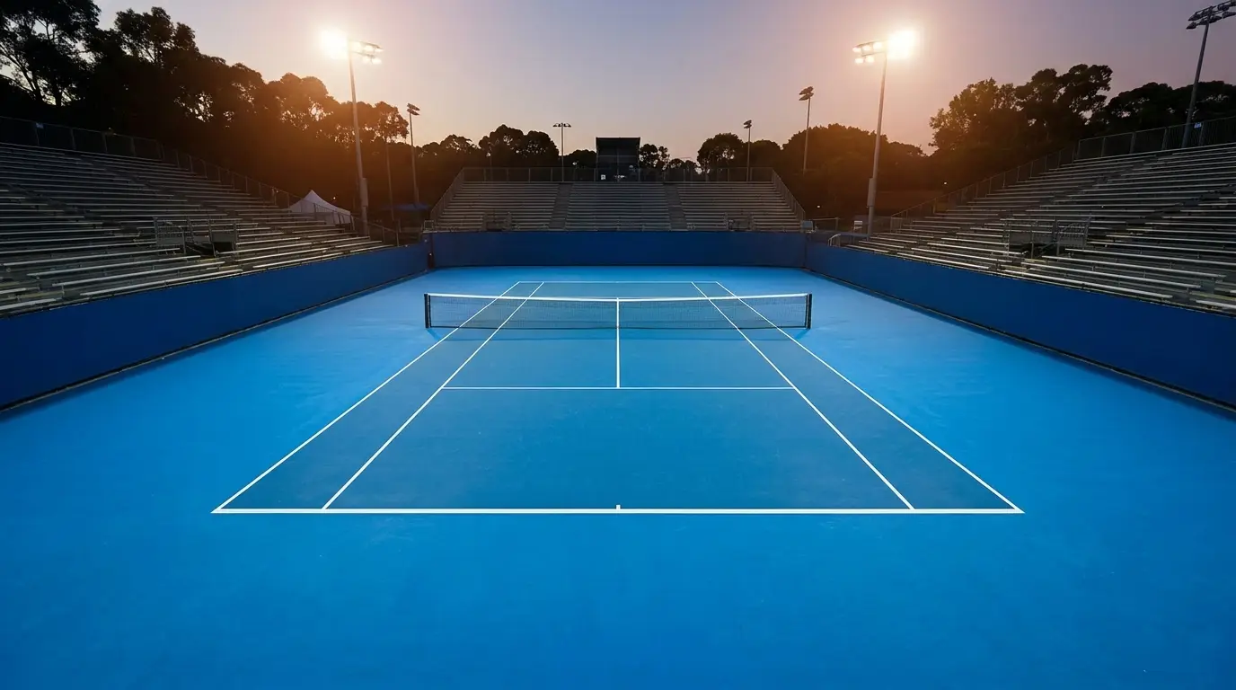 Wide overhead shot of an empty hard court with bright blue surface and white lines, taken from directly above at dusk, showing the full baseline and service boxes with no players present